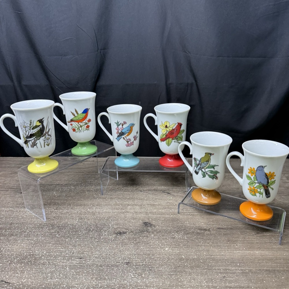 6 Vintage Fred Roberts Songbird Pedestal Coffee Mug Tea Cups Japan MCM 1965